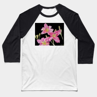 Pink Lily Flower Watercolor Painting Pattern - on Black Baseball T-Shirt